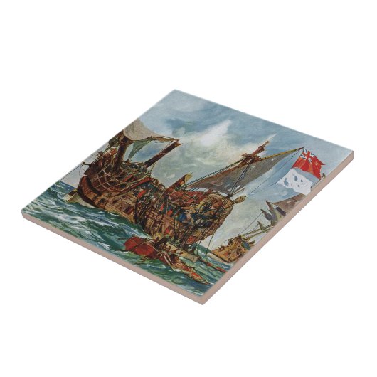 HMS Nottingham en slagschip Mars 1703 Tegeltje (Zijkant)