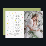 HO HO Colorful Pastel Confetti Stippen Foto Feestdagenkaart<br><div class="desc">HO HO HO! Een leuke,  feestelijke en unieke platte vakantiekaart met moderne typografie met kleurrijke paterlconfetti-stippen accenten. Pas deze kleurrijke vakantiekaart aan door namen,  foto's en andere gegevens toe te voegen. Er zijn complementaire objecten beschikbaar.</div>