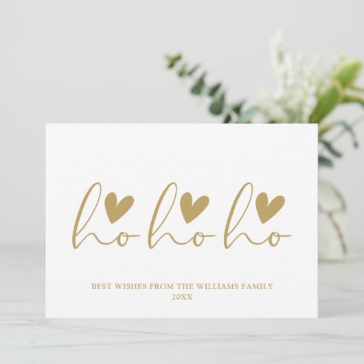 Ho Ho Gold Script Hearts Kerstmis Feestdagenkaart (Staand voorkant)
