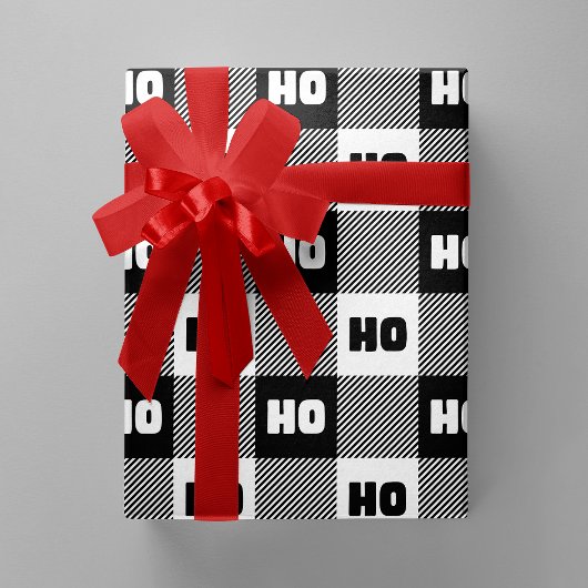Ho Ho Ho Black White Chic Christmas Buffalo Plaid Cadeaupapier