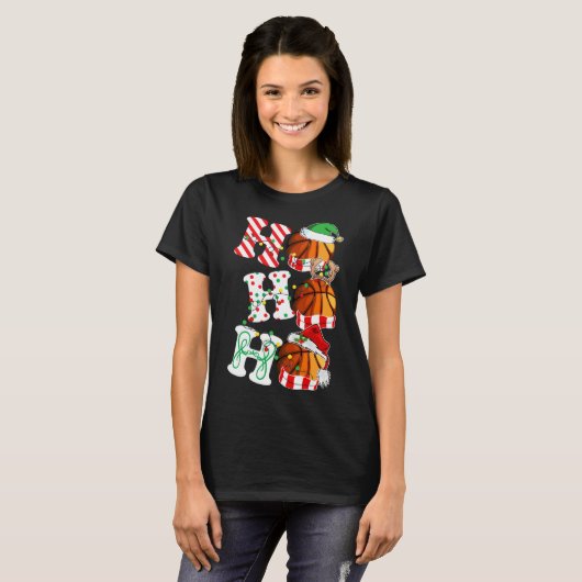 Ho Ho Ho Bysketbyll Lights Santa Hat Rendier Elf T-shirt (Voorkant volledig)