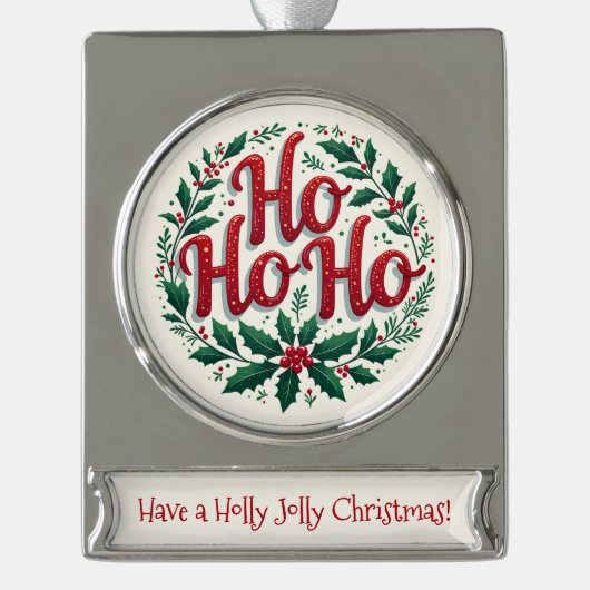 Ho Ho Ho Christmas Wreath Typography Design Verzilverd Banner Ornament (Voorkant)