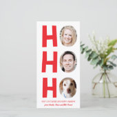 Ho Ho Ho Drie foto Skinny Holiday Kaart rood wit (Staand voorkant)