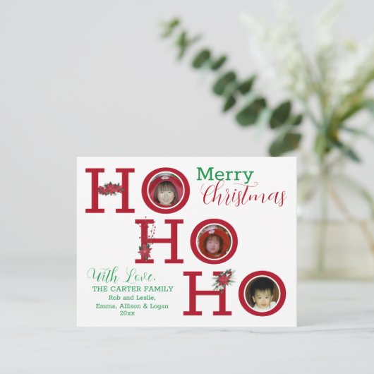 HO HO HO Drie Persoonlijke Foto's Feestdagenkaart (Staand voorkant)