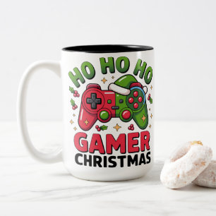 Ho Ho Ho Gamer Kerst Controller Illustratie Tweekleurige Koffiemok