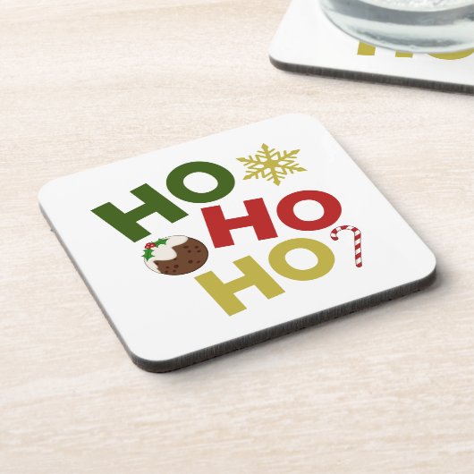 HO HO HO HO+Christmas Pudding, Snoep, Sneeuwvlok Bier Onderzetter (Linkerzijde)