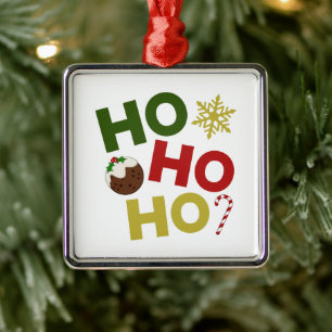 HO HO HO HO+Christmas Pudding, Snoep, Sneeuwvlok Metalen Ornament
