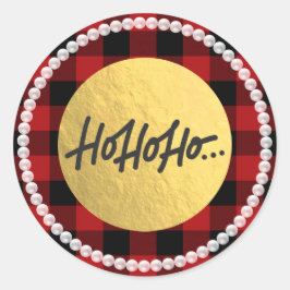 HO HO HO Kerst Parels Buffalo Plaid Goud Folie Ronde Sticker