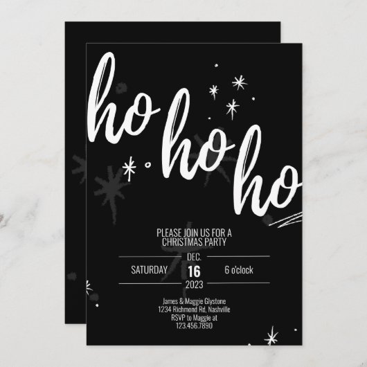 Ho Ho Ho Kerstfeest Uitnodiging Modern Zwart (Voorkant / Achterkant)