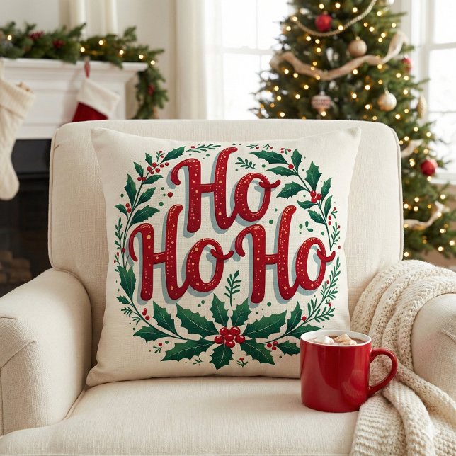 Ho Ho Ho Kerstkrans Typografie Ontwerp Kussen (Ho Ho Ho Christmas Wreath Typography Design Throw Pillow Mockup A)