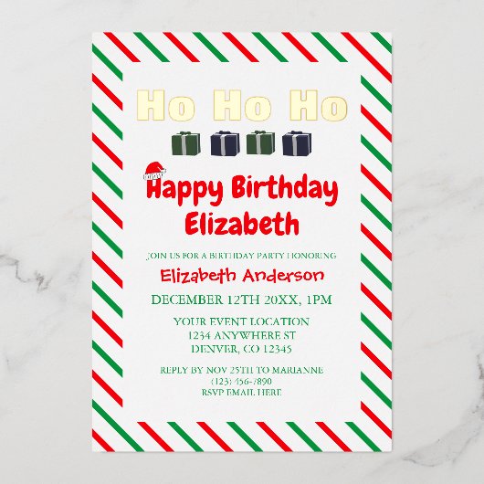 Ho Ho Ho Kerstmis Verjaardag Folie Uitnodiging (Voorkant)