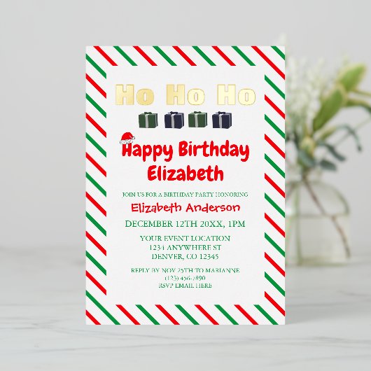 Ho Ho Ho Kerstmis Verjaardag Folie Uitnodiging (Staand Voorkant)