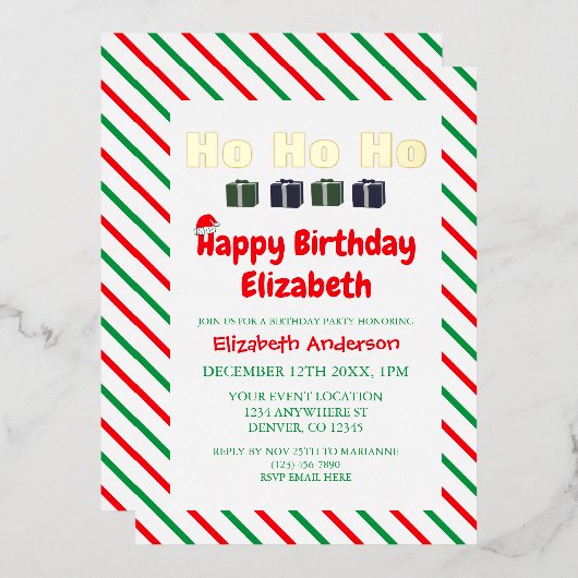 Ho Ho Ho Kerstmis Verjaardag Folie Uitnodiging (Voorkant / Achterkant)