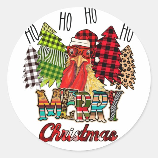 HO HO HO Merry Christmas Chicken Farmer Tree Plaid Ronde Sticker (Voorkant)