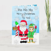Ho Ho Ho Prettig Kerstfeest Kerstman en Elf Kaart (Voorkant)