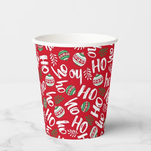 Ho Ho Ho Rode & Groene Kerstballen Rood Papieren Bekers (Voorkant)