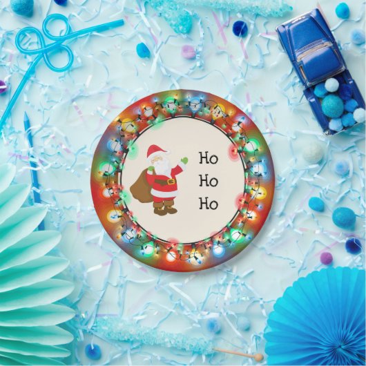 Ho Ho Ho Santa Claus met kerstverlichting Papieren Bordje (Feest)