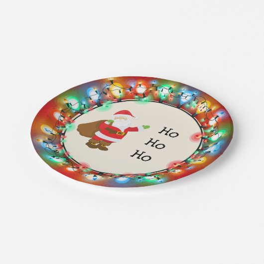 Ho Ho Ho Santa Claus met kerstverlichting Papieren Bordje (Gekanteld)