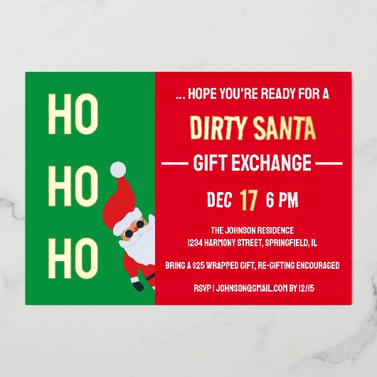 HO HO HO Vies Santa Gift Exchange Kerstfeest Folie Uitnodiging (Voorkant)