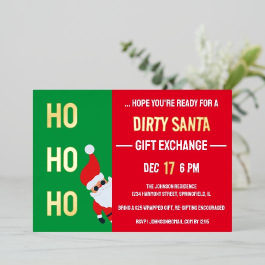 HO HO HO Vies Santa Gift Exchange Kerstfeest Folie Uitnodiging (Staand Voorkant)