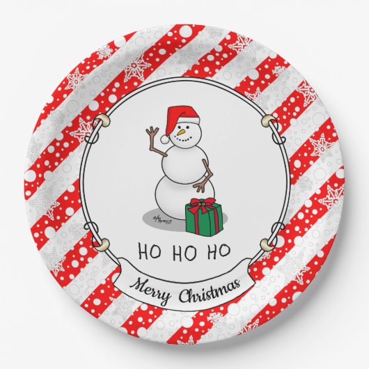 Ho Ho Ho Vrolijk Kerstman Schattige Sneeuwman Papieren Bordje (Voorkant)