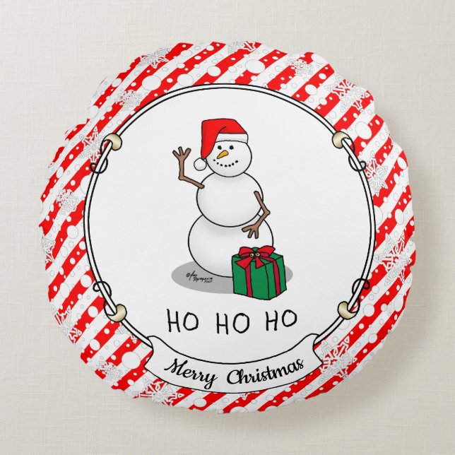 Ho Ho Ho Vrolijk Kerstman Schattige Sneeuwman Rond Kussen (Voorkant)