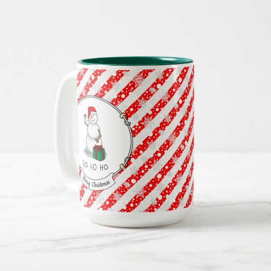 Ho Ho Ho Vrolijk Kerstman Schattige Sneeuwman Tweekleurige Koffiemok (Voorkant links)