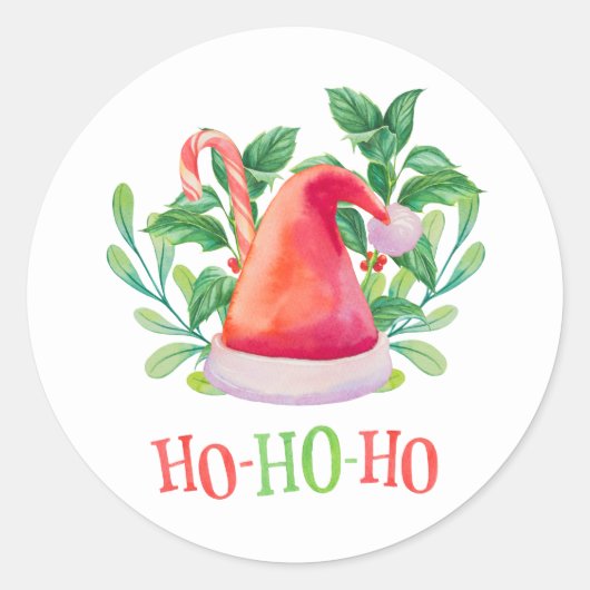 Ho Ho Ho. Waterverf kerstmis. Santa Claus Ronde Sticker (Voorkant)