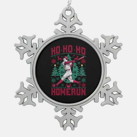 Ho Ho Homerun Honkbal Lelijke Kersttrui Tin Sneeuwvlok Ornament (Voorkant)
