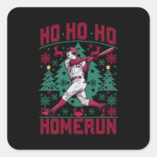 Ho Ho Homerun Honkbal Lelijke Kersttrui Vierkante Sticker (Voorkant)