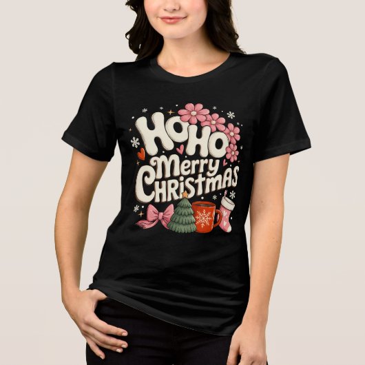 Ho Ho Merry Christmas Trees Festive Coquette Girly Tri-Blend Shirt (Voorkant)