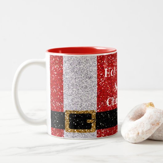 Ho Ho Merry Kerstmis! Glittery Santa Suit Tweekleurige Koffiemok (Met donut)