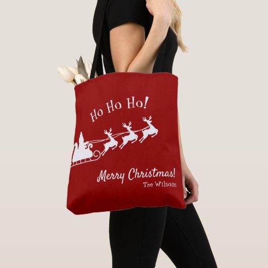 Ho Ho Merry Kerstmis met Kerstman, rood Tote Bag (Dichtbij)