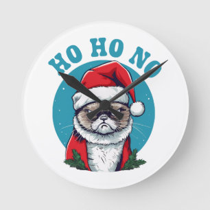 Ho ho nee - grappige chagrijnige kerstman kat ronde klok