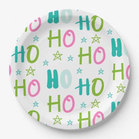 Ho Ho Pink Teal Stars Modern Christmas Papieren Bordje (Voorkant)