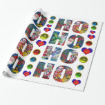 HO HO SANTA MUSICAL CHRISTMAS NIGHT CADEAUPAPIER<br><div class="desc">Ho Ho Ho met levendige kleurrijke, vette letters, harten en heldere 3D-gekkleurtjes.Cool, witte en artistieke schilderijen met levendige rode, blauwe, gele, witte kleuren door Bulgan Lumini (c). De kerstman speelt viool en sax in de sneeuwwinternacht onder de blauwe hemel, maan en gele sterren met een grappige, expressieve uil, kat en...</div>