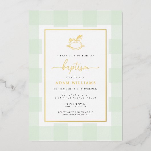Hobbelpaard Mint Gingham Doop Folie Uitnodiging (Voorkant)