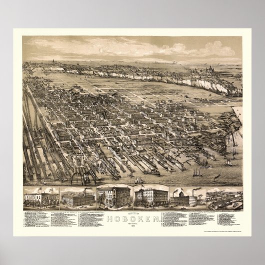 Hoboken, NJ Panoramic Map - 1881 Poster (Voorkant)