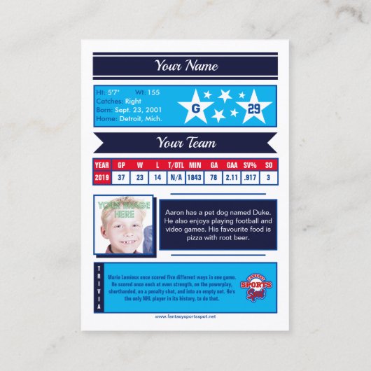 Hockey All-Star - Goalie Stats Contactkaartje (Achterkant)