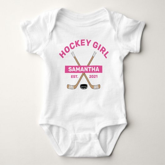Hockey Baby Meisje Roze Naam Jaar Geboren Baby Bod Romper (Voorkant)