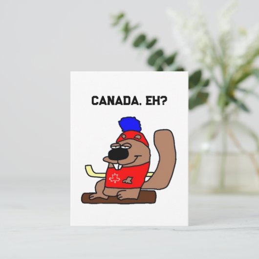 Hockey Beaver Cartoon in Red Maple Leaf Shirt Briefkaart (Staand voorkant)