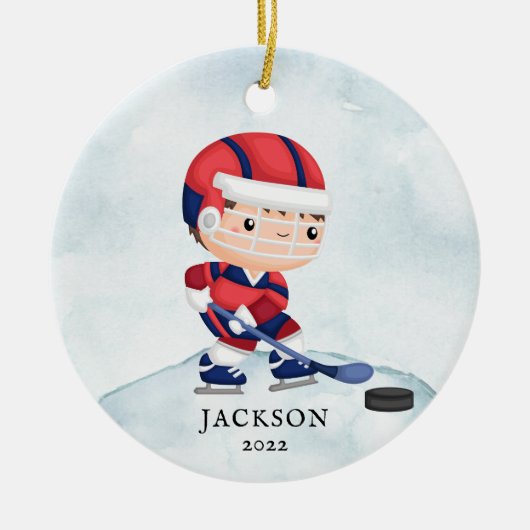 Hockey Boy Aangepast kerstkeramisch versieringsmer Keramisch Ornament (Voorkant)