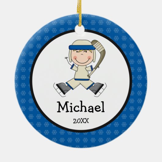 Hockey Boy Blonde Kinder Persoonlijke Kerstmis Keramisch Ornament (Achterkant)