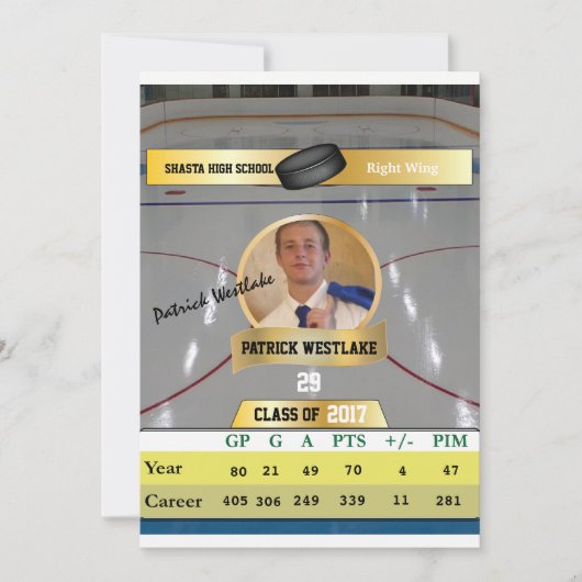 Hockey Card W/Stats Afstudeerder Invitaties - goud Kaart (Voorkant)