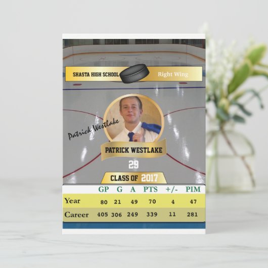 Hockey Card W/Stats Afstudeerder Invitaties - goud Kaart (Staand voorkant)