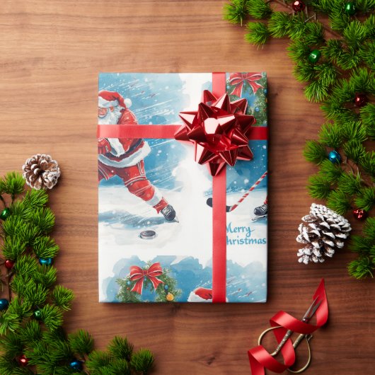  Hockey Christmas with Santa Claus Cadeaupapier (Feestdagen Geschenken)