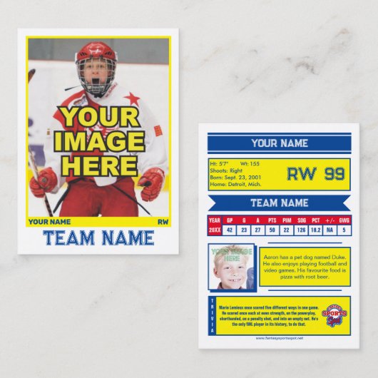 Hockey Collectible Trading Kaart | Geel Contactkaartje (Voorkant / Achterkant)