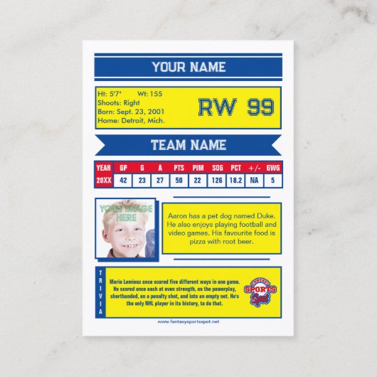 Hockey Collectible Trading Kaart | Geel Contactkaartje (Achterkant)