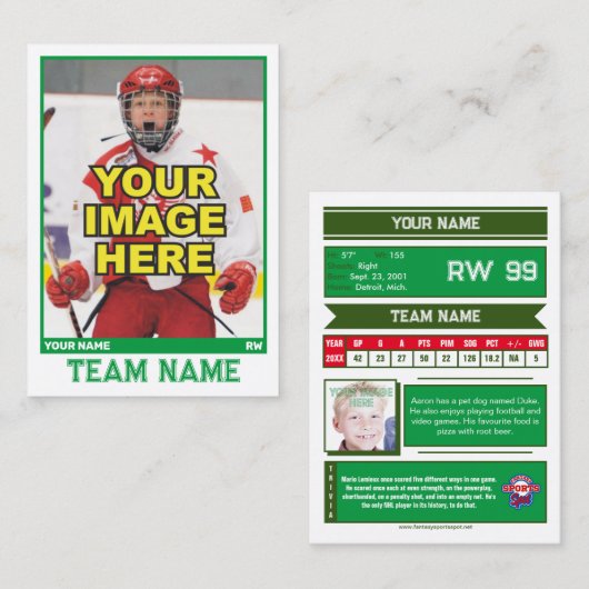 Hockey Collectible Trading Kaart | Kelly Green Contactkaartje (Voorkant / Achterkant)