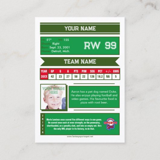 Hockey Collectible Trading Kaart | Kelly Green Contactkaartje (Achterkant)